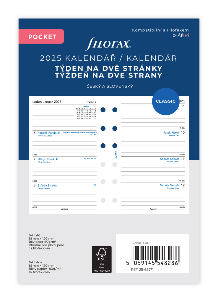 Náhradní vložka do diářů Filofax - kalendář kapesní týden / 2 strany