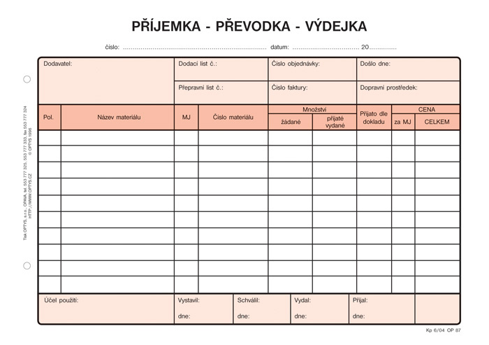 Optys 1087 příjemka - převodka - výdejka 100 listů NCR A5